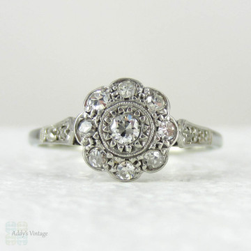 BALANCE. 1920s Diamond Engagement Ring, Daisy Shaped Diamond Cluster. Art Deco Diamond Ring in White Gold & Platinum.
