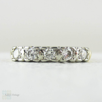 Vintage Five Stone Diamond Wedding Ring. Round Brilliant Half Hoop Diamond Ring in White & Yellow Gold, Circa 1940s.