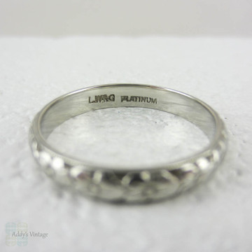 Antique Engraved Platinum Wedding Ring. Floral Orange Blossom Flower Design Wedding Band in Platinum, Circa 1920s.