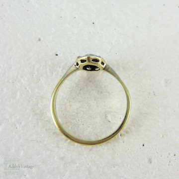 Art Deco Navette Shaped Old Mine Cut Diamond Ring with Geometric Design Pierced Filigree in Two-Tone Gold, Circa 1920s.