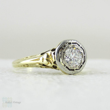 Old European Cut Engagement Ring, Solitaire with Antique Diamond set in Yellow Gold Filigree Pierced Setting.