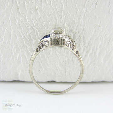 Edwardian Platinum Diamond Engagement Ring, Old European Cut Diamond in Filigree Setting with Sapphire Accents, Circa 1910s.