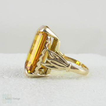 Vintage Huge Citrine Dinner Ring, Large Emerald Cut Yellow-Orange Citrine in Leaf Style Yellow Gold Cocktail Ring.