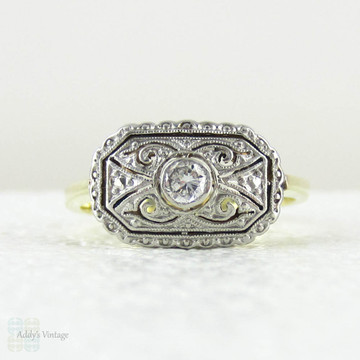 Art Deco Diamond Engagement Ring, Rectangle Shaped Ring with Intricate Pierced and Engraved Design, German Art Deco, Circa 1930s.