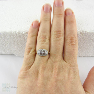 Art Deco Diamond Engagement Ring, Rectangle Shaped Ring with Intricate Pierced and Engraved Design, German Art Deco, Circa 1930s.