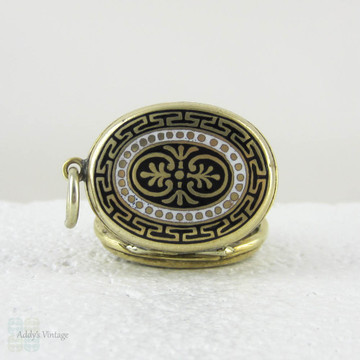 Vintage Locket with Geometric Enamel Design in Black & White. Brass Coloured Double Frame Keepsake Locket Pendant with Floral, Greek Key Pattern.