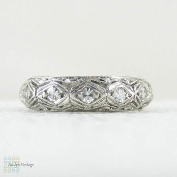Art Deco Filigree Platinum Diamond Wedding Ring. Incredible Ornate Pierced Filigree Engraved Full Hoop Diamond Eternity Band.