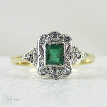 Art Deco Emerald & Diamond Engagement Ring, Fan Shape Design with Engraved Design and Milgrain Beading, Circa 1920s.