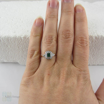 Art Deco Emerald & Diamond Engagement Ring, Fan Shape Design with Engraved Design and Milgrain Beading, Circa 1920s.