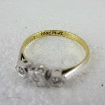 Geometric Design Diamond Trilogy Engagement Ring. Three Stone Diamond Ring with Knife Edge Band, Circa 1930s.