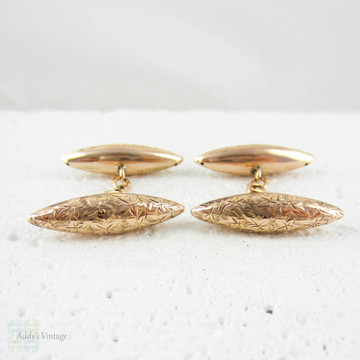 Edwardian Rose Gold Cuff Links, Men's Engraved Torpedo Shape 9 Carat Gold Cufflinks in Ivy Design, Chester 1906, Henry Cooper & Sons