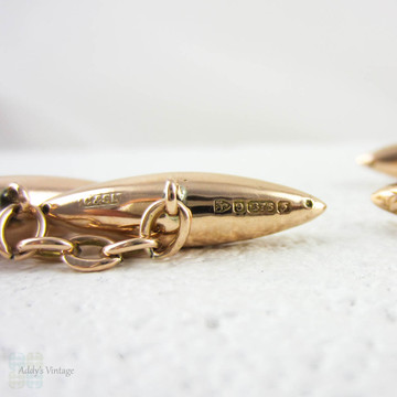 Edwardian Rose Gold Cuff Links, Men's Engraved Torpedo Shape 9 Carat Gold Cufflinks in Ivy Design, Chester 1906, Henry Cooper & Sons