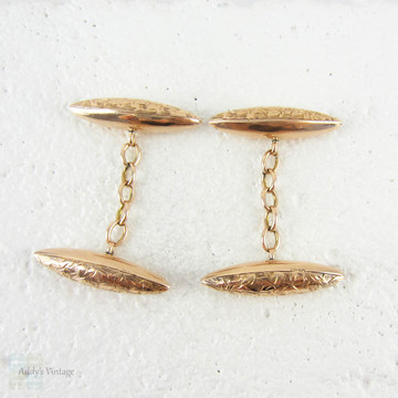 Edwardian Rose Gold Cuff Links, Men's Engraved Torpedo Shape 9 Carat Gold Cufflinks in Ivy Design, Chester 1906, Henry Cooper & Sons