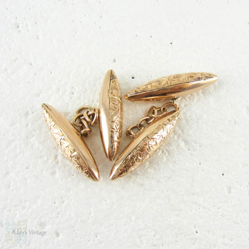 Edwardian Rose Gold Cuff Links, Men's Engraved Torpedo Shape 9 Carat Gold Cufflinks in Ivy Design, Chester 1906, Henry Cooper & Sons