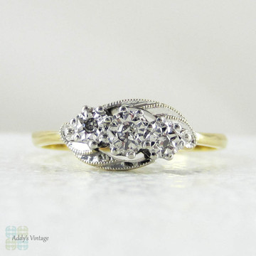 Art Deco Diamond Twist Ring, Three Stone Swirl Style Ring with Milgrain Beading, 18 Carat Gold & Platinum, Circa 1930s.