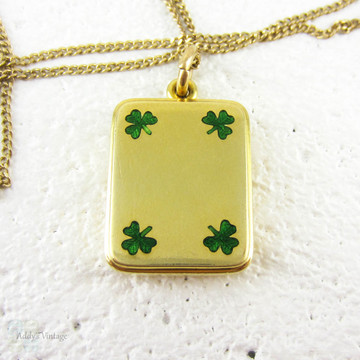 Antique 18 Carat Gold Locket, Green Enamel Shamrock, Lucky Three 3 Leaf Clover Design with Double Sided Frame Rectangle Shape Locket.