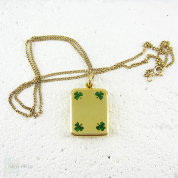 Antique 18 Carat Gold Locket, Green Enamel Shamrock, Lucky Three 3 Leaf Clover Design with Double Sided Frame Rectangle Shape Locket.