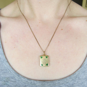 Antique 18 Carat Gold Locket, Green Enamel Shamrock, Lucky Three 3 Leaf Clover Design with Double Sided Frame Rectangle Shape Locket.