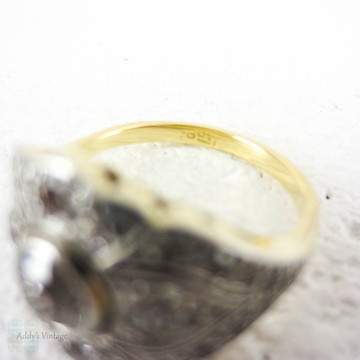 Old European Diamond Dinner Ring, Edwardian to Art Deco Bombé Style Diamond Encrusted Cocktail Ring in Yellow Gold & Platinum.