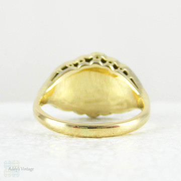 Old European Diamond Dinner Ring, Edwardian to Art Deco Bombé Style Diamond Encrusted Cocktail Ring in Yellow Gold & Platinum.