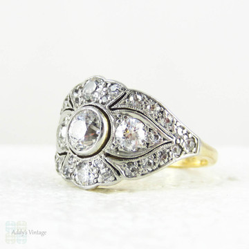 Old European Diamond Dinner Ring, Edwardian to Art Deco Bombé Style Diamond Encrusted Cocktail Ring in Yellow Gold & Platinum.