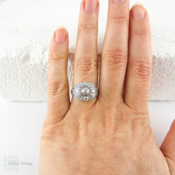 Old European Diamond Dinner Ring, Edwardian to Art Deco Bombé Style Diamond Encrusted Cocktail Ring in Yellow Gold & Platinum.
