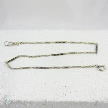 Art Deco White Gold Watch Chain, Fancy Long Bar Links, Black Enamel Design with Dog Clip & Spring Bolt Clasp. 34.5 cm / 13.6 inches.