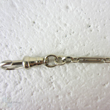 Art Deco White Gold Watch Chain, Fancy Long Bar Links, Black Enamel Design with Dog Clip & Spring Bolt Clasp. 34.5 cm / 13.6 inches.