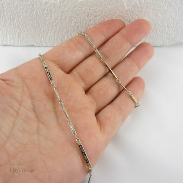 Art Deco White Gold Watch Chain, Fancy Long Bar Links, Black Enamel Design with Dog Clip & Spring Bolt Clasp. 34.5 cm / 13.6 inches.