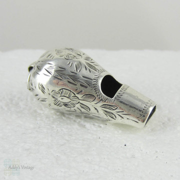 Victorian Sterling Silver Whistle, Engraved Floral Design Whistle Charm for Pendant for Fob or Chain, Circa 1880s.