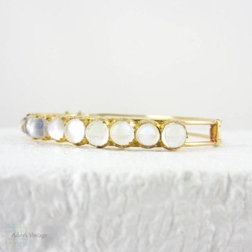 SALE Victorian Moonstone Bangle Bracelet in 15 Carat Gold. Cabochon Cut Silvery Blue Moonstones on Openwork Style Bangle.
