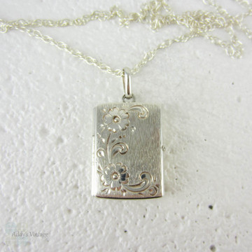 Vintage Sterling Silver Locket, Rectangle Shape Engraved Floral Design. Double Photo Frame Keepsake Locket.