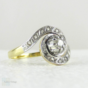 French Art Deco Engagement Ring, Rose Cut Diamond Swirl Style Engagement Ring, 1920s, 18 Carat Gold.