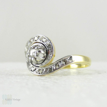 French Art Deco Engagement Ring, Rose Cut Diamond Swirl Style Engagement Ring, 1920s, 18 Carat Gold.