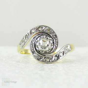 French Art Deco Engagement Ring, Rose Cut Diamond Swirl Style Engagement Ring, 1920s, 18 Carat Gold.