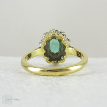 Vintage Green Tourmaline Ring with Diamond Halo, 18 Carat Gold Engagement Ring or Dress Ring, Circa 1940s.