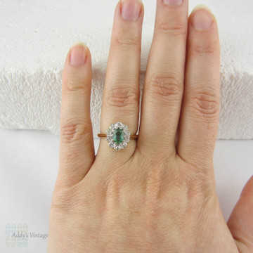 Vintage Green Tourmaline Ring with Diamond Halo, 18 Carat Gold Engagement Ring or Dress Ring, Circa 1940s.