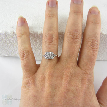 Art Deco Engagement Diamond Ring, Bold Square Shaped Vintage Cluster Ring with Milgrain Beading, Circa 1930s.