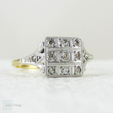 Art Deco Engagement Diamond Ring, Bold Square Shaped Vintage Cluster Ring with Milgrain Beading, Circa 1930s.