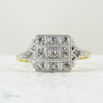 Art Deco Engagement Diamond Ring, Bold Square Shaped Vintage Cluster Ring with Milgrain Beading, Circa 1930s.