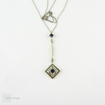 Art Deco Sapphire & Diamond Necklace. Drop Style Square Shape 1920s Necklace in 18 Carat Gold.
