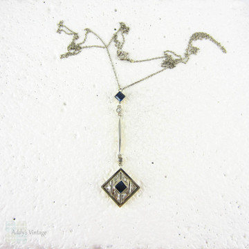 Art Deco Sapphire & Diamond Necklace. Drop Style Square Shape 1920s Necklace in 18 Carat Gold.