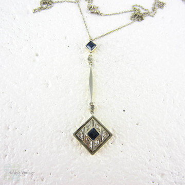 Art Deco Sapphire & Diamond Necklace. Drop Style Square Shape 1920s Necklace in 18 Carat Gold.
