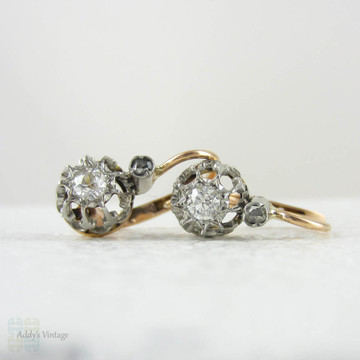 Victorian Diamond Earrings, Old European Cut Drop Earrings in 18 Carat Rose Gold & Platinum. French Dormeuse Circa 1890s.