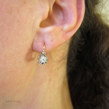 Victorian Diamond Earrings, Old European Cut Drop Earrings in 18 Carat Rose Gold & Platinum. French Dormeuse Circa 1890s.
