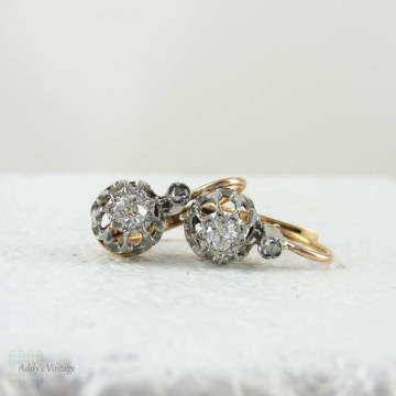 Victorian Diamond Earrings, Old European Cut Drop Earrings in 18 Carat Rose Gold & Platinum. French Dormeuse Circa 1890s.