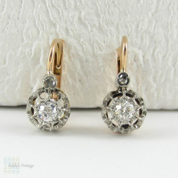 Victorian Diamond Earrings, Old European Cut Drop Earrings in 18 Carat Rose Gold & Platinum. French Dormeuse Circa 1890s.