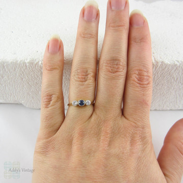 Sapphire & Diamond Engagement Ring, Vintage Three Stone Blue Sapphire and Diamond Trilogy Ring, Circa 1930s in 18 Carat and Platinum.