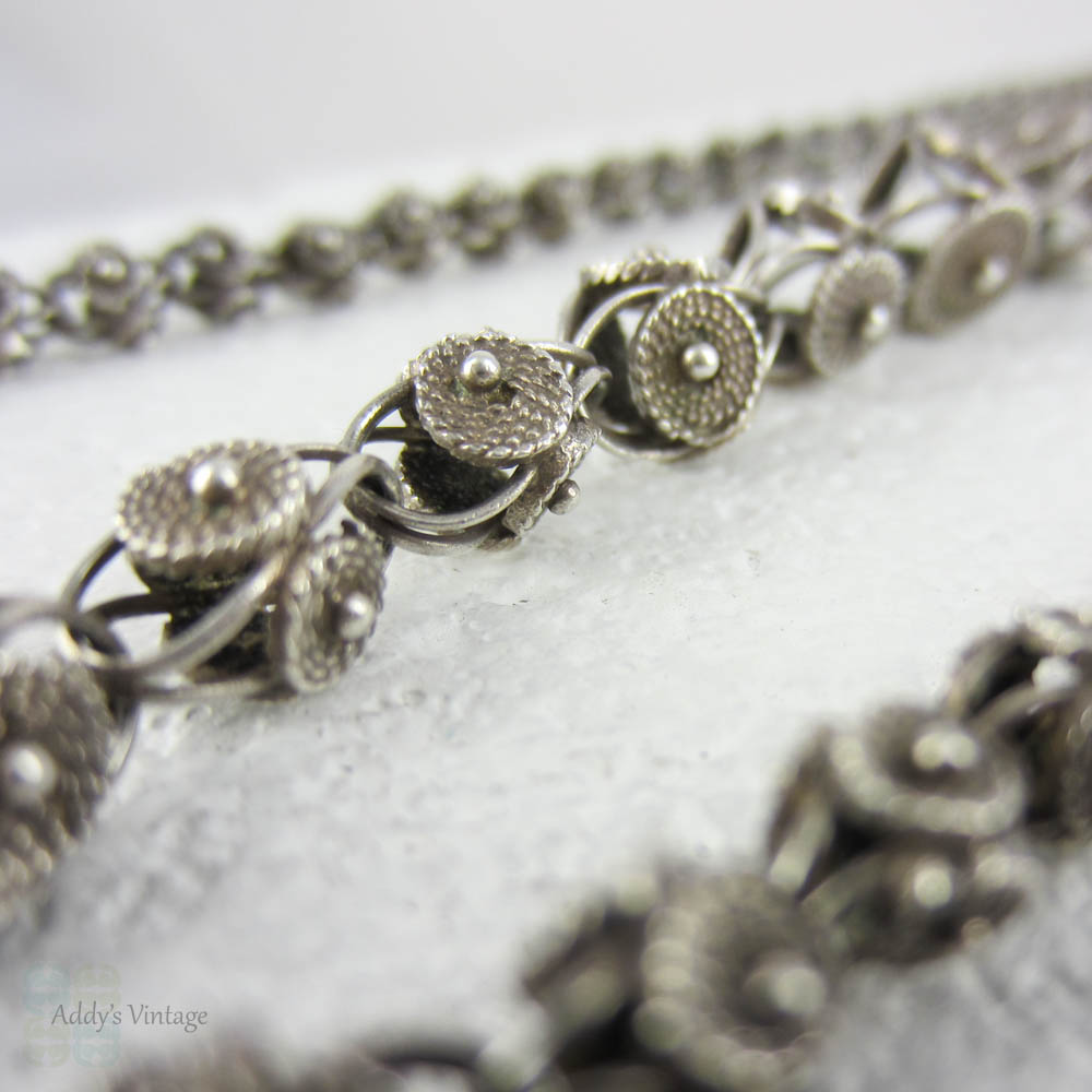 Antique French 800 Silver Fancy Link Necklace, Graduated Daisy