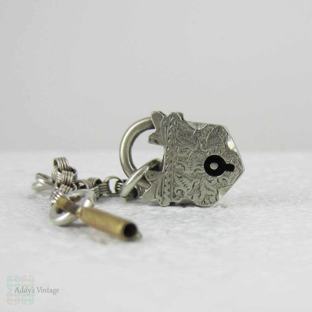 Victorian 800 - 900 Silver Lock and Brass Key, Engraved Antique